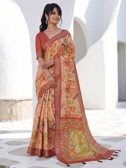 Akhilam - Women'S Cotton Silk Peach Digital Print Saree