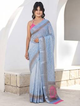 Akhilam - Women'S Cotton Silk Light Blue Digital Print Saree