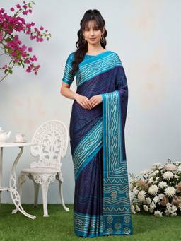 Akhilam - Women'S Satin Silk Navy Blue Printed Festive Saree