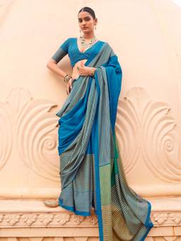 Akhilam - Women'S Silk Blend Teal Blue Printed Festive Saree