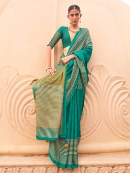Akhilam - Women'S Silk Blend Teal Green Printed Festive Saree