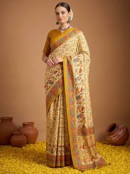 Akhilam - Cream Silk Blend Printed Saree