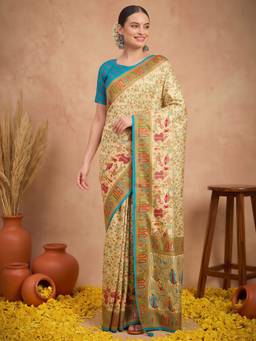 Akhilam - Cream Silk Blend Printed Saree