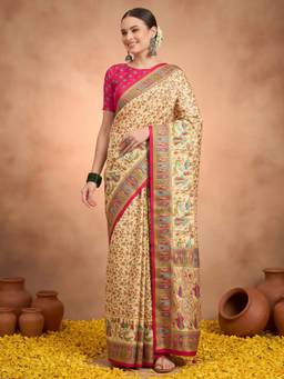 Akhilam - Cream Silk Blend Printed Saree