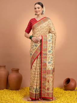 Akhilam - Cream Silk Blend Printed Saree
