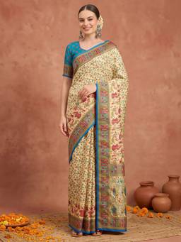 Akhilam - Cream Silk Blend Printed Saree