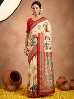 Akhilam - Cream Silk Blend Printed Saree