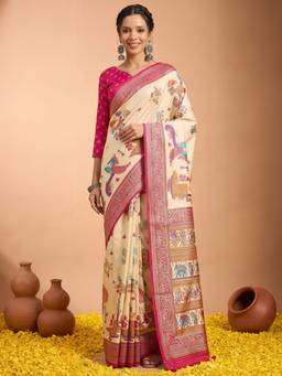 Akhilam - Cream Silk Blend Printed Saree