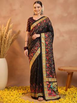 Akhilam - Black Silk Blend Printed Saree
