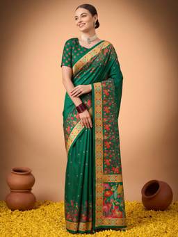 Akhilam - Women'S Silk Blend Dark Green Digital Print Saree