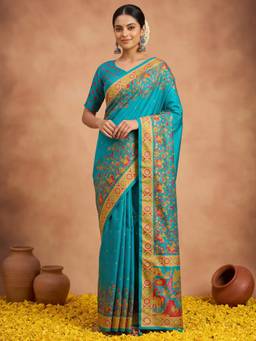 Akhilam - Light Blue Silk Blend Printed Saree