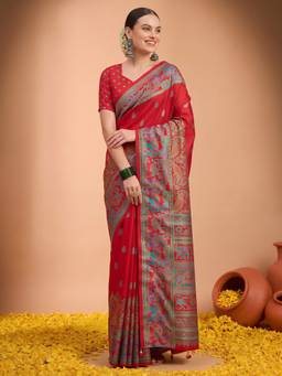 Akhilam - Red Silk Blend Printed Saree