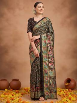 Akhilam - Black Silk Blend Printed Saree