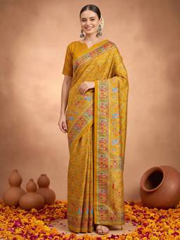 Akhilam - Mustard Silk Blend Printed Saree