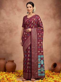 Akhilam - Maroon Silk Blend Printed Saree