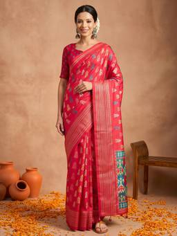 Akhilam - Pink Silk Blend Printed Saree