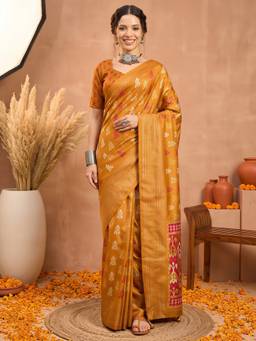 Akhilam - Mustard Silk Blend Printed Saree