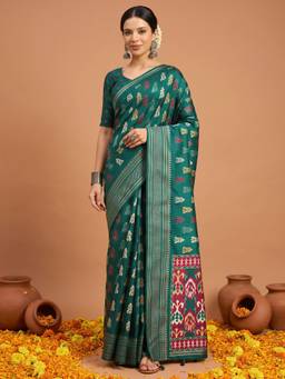 Akhilam - Green Silk Blend Printed Saree