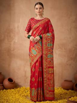 Akhilam - Red Silk Blend Printed Saree