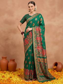 Akhilam - Green Silk Blend Printed Saree