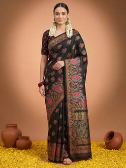 Akhilam - Black Silk Blend Printed Saree
