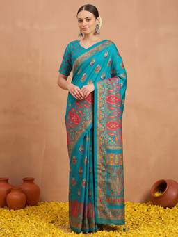 Akhilam - Light Blue Silk Blend Printed Saree