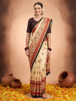 Akhilam - Cream Silk Blend Printed Saree