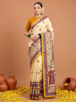 Akhilam - Cream Silk Blend Printed Saree