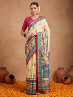 Akhilam - Cream Silk Blend Printed Saree