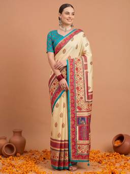 Akhilam - Cream Silk Blend Printed Saree
