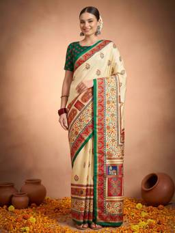 Akhilam - Cream Silk Blend Printed Saree