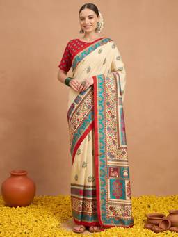 Akhilam - Cream Silk Blend Printed Saree