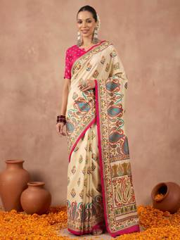 Akhilam - Off White Silk Blend Printed Saree