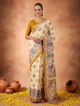 Akhilam - Off White Silk Blend Printed Saree