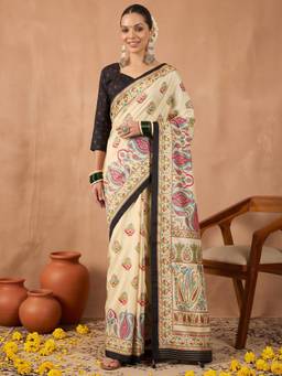 Akhilam - Off White Silk Blend Printed Saree