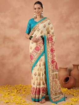 Akhilam - Off White Silk Blend Printed Saree
