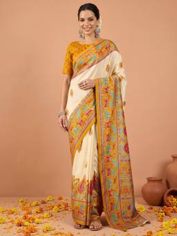 Akhilam - Mustard Silk Blend Printed Saree