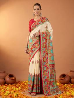 Akhilam - Red Silk Blend Printed Saree