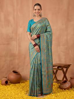 Akhilam - Blue Silk Blend Printed Saree