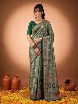 Akhilam - Silk Blend Green Digital Print Festive Saree