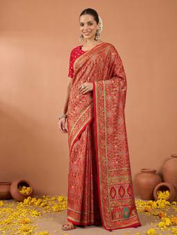 Akhilam - Red Silk Blend Printed Saree