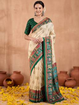 Akhilam - Green Silk Blend Printed Saree