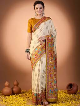 Akhilam - Mustard Silk Blend Printed Saree