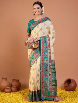 Akhilam - Teal Silk Blend Printed Saree