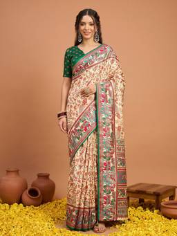 Akhilam - Beige Silk Blend Printed Saree