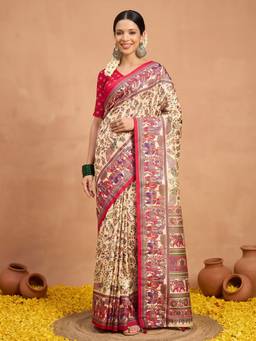 Akhilam - Beige Silk Blend Printed Saree