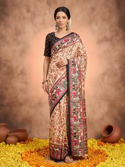 Akhilam - Beige Silk Blend Printed Saree