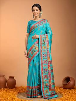 Akhilam - Blue Silk Blend Printed Saree