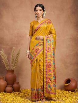 Akhilam - Yellow Silk Blend Printed Saree