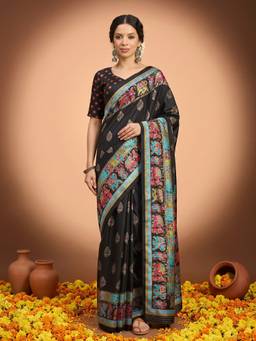 Akhilam - Black Silk Blend Printed Saree